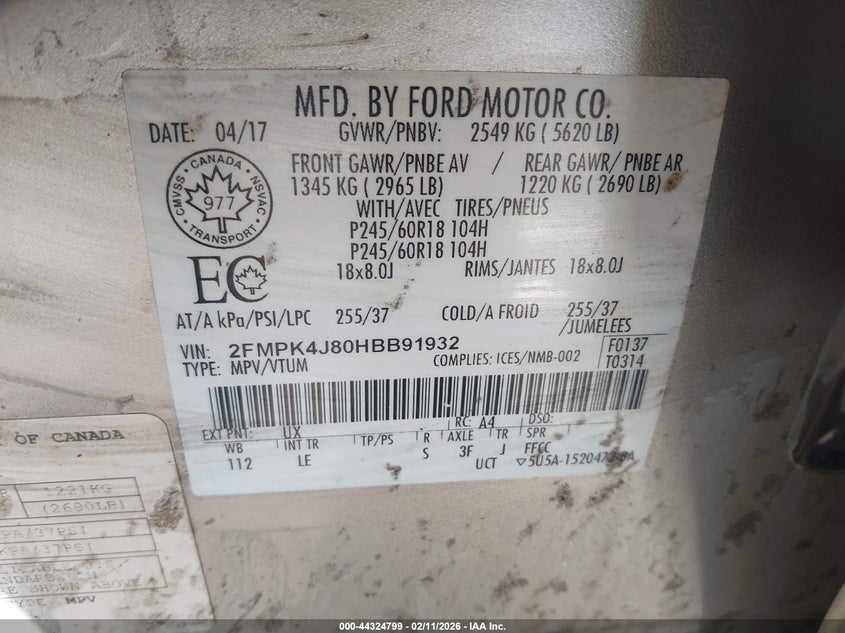 VIN 2FMPK4J80HBB91932 2017 FORD EDGE SEL