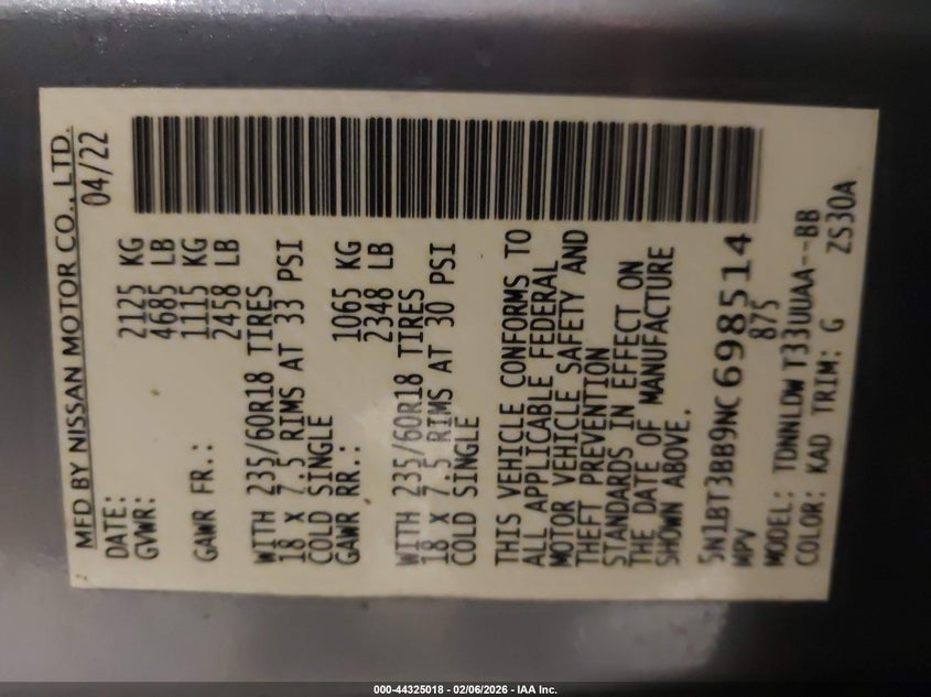 2022 Nissan Rogue Sv Intelligent Awd VIN: 5N1BT3BB9NC698514 Lot: 44325018