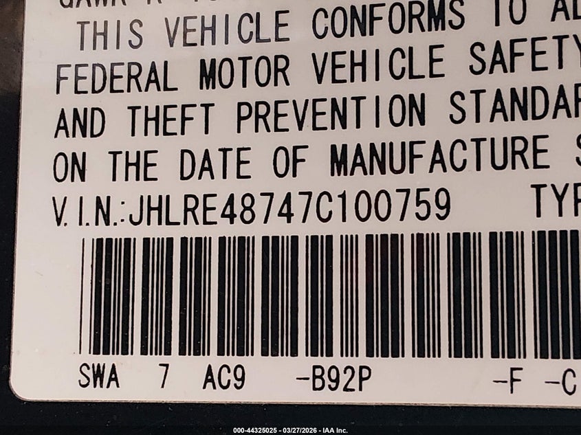 2007 Honda Cr-V Ex-L VIN: JHLRE48747C100759 Lot: 44325025
