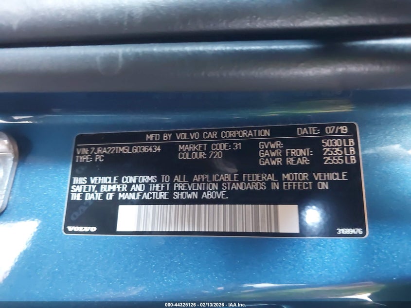 2020 Volvo S60 T6 R-Design VIN: 7JRA22TM5LG036434 Lot: 44325126