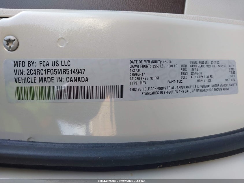 2021 CHRYSLER PACIFICA VAN 3.6L V-6 DOHC, VVT, 287HP