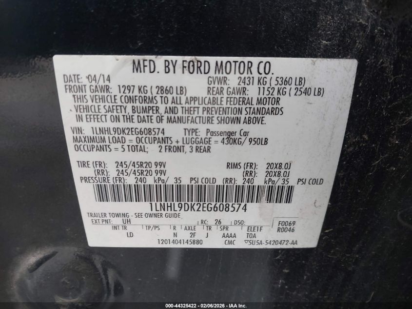 2014 Lincoln Mks VIN: 1LNHL9DK2EG608574 Lot: 44325422