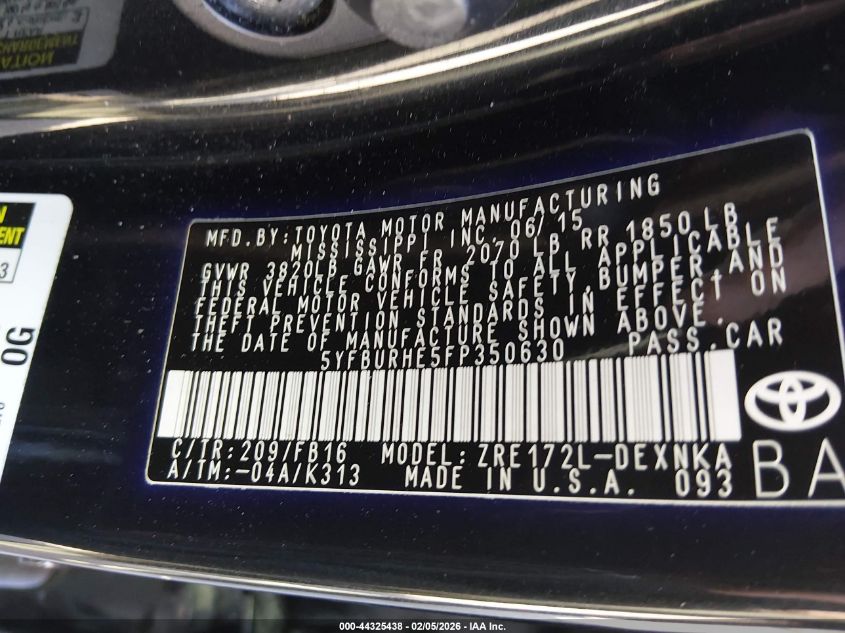 2015 Toyota Corolla Le Plus VIN: 5YFBURHE5FP350630 Lot: 44325438