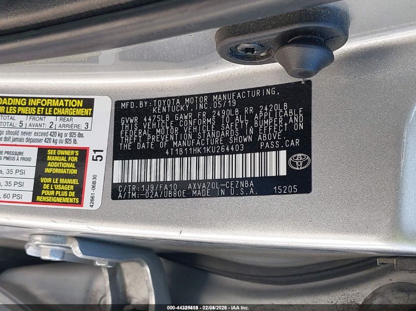 2019 Toyota Camry Le VIN: 4T1B11HK1KU264403 Lot: 44325439