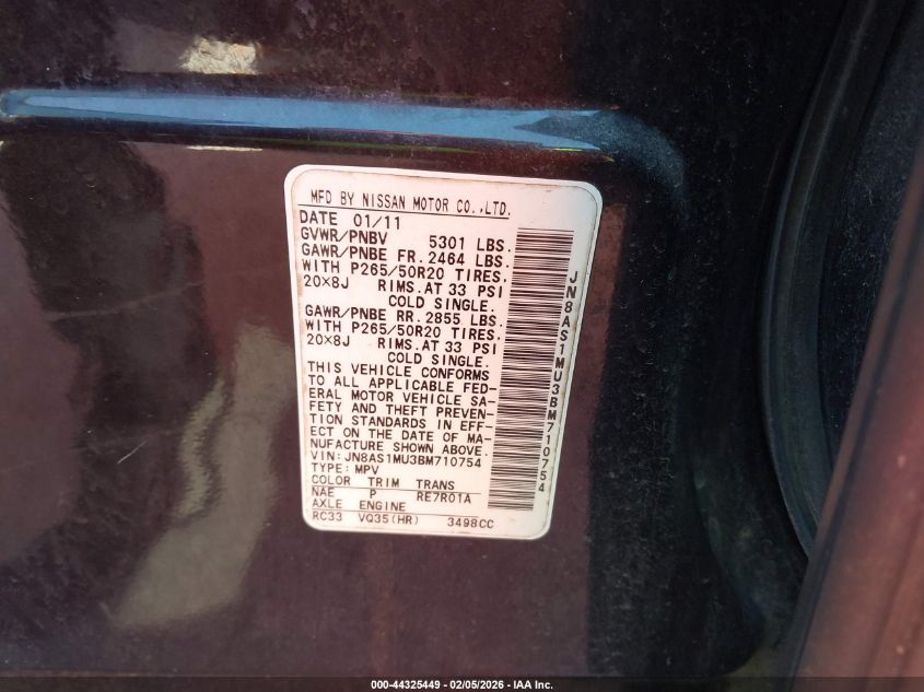 2011 Infiniti Fx35 VIN: JN8AS1MU3BM710754 Lot: 44325449