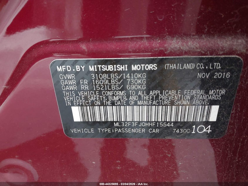 2017 Mitsubishi Mirage G4 Es VIN: ML32F3FJ0HHF15544 Lot: 44325695
