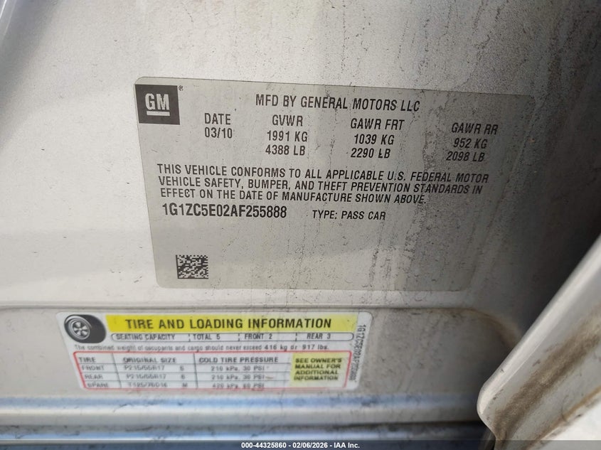 2010 Chevrolet Malibu Lt VIN: 1G1ZC5E02AF255888 Lot: 44325860