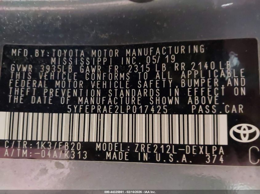 2020 Toyota Corolla Le VIN: 5YFEPRAE2LP017425 Lot: 44325861
