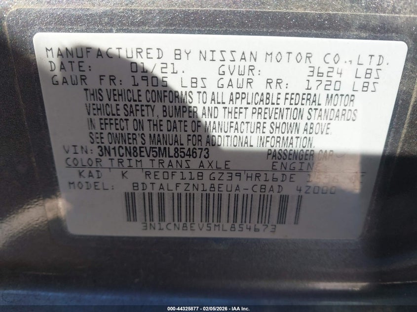 2021 Nissan Versa Sv VIN: 3N1CN8EV5ML854673 Lot: 44325877