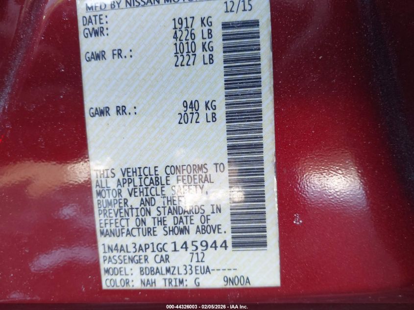 2016 Nissan Altima 2.5 Sv VIN: 1N4AL3AP1GC145944 Lot: 44326003