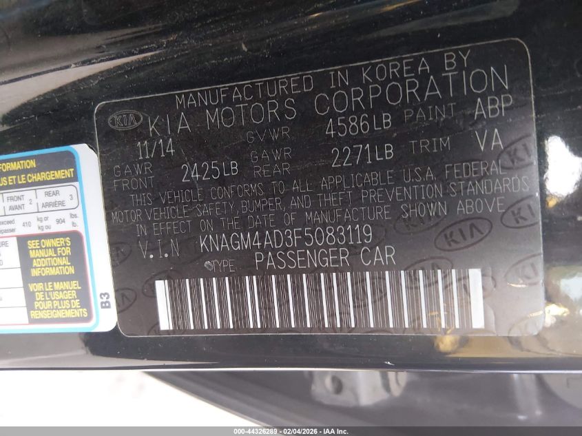 2015 Kia Optima Hybrid VIN: KNAGM4AD3F5083119 Lot: 44326289