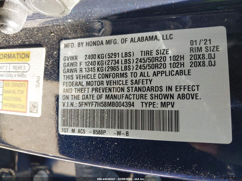 VIN 5FNYF7H58MB004394 2021 HONDA PASSPORT 2WD EX-L