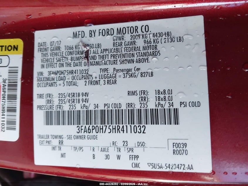 2017 Ford Fusion 2.5 Se red Lot 111044326392 Vin 3FA6P0H75HR411032