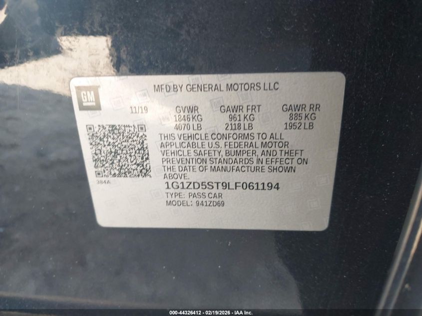 2020 Chevrolet Malibu Fwd Lt VIN: 1G1ZD5ST9LF061194 Lot: 44326412