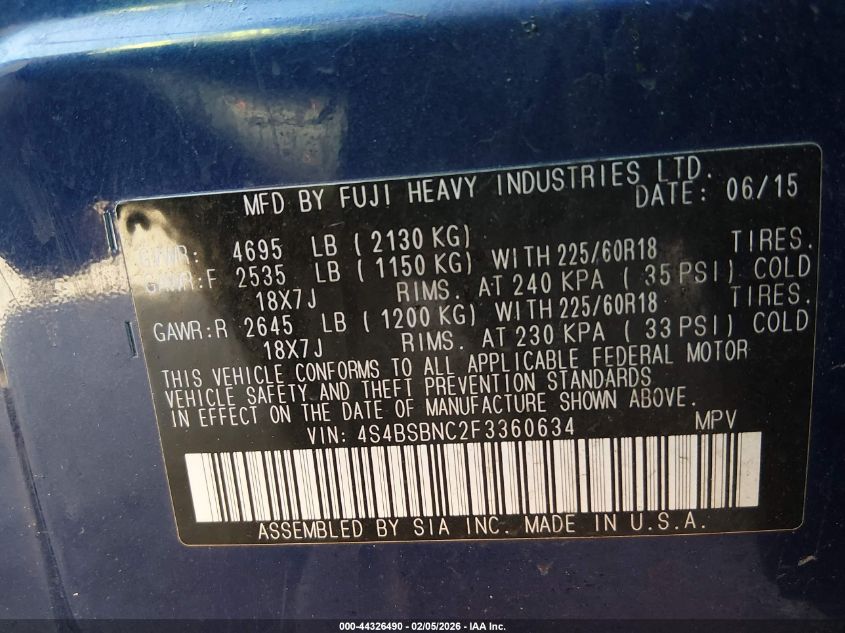 2015 Subaru Outback 2.5I Limited VIN: 4S4BSBNC2F3360634 Lot: 44326490