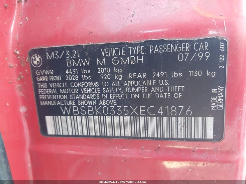1999 BMW M3 VIN: WBSBK0335XEC41876 Lot: 44327474