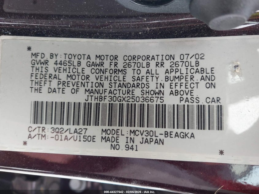 2002 Lexus Es 300 VIN: JTHBF30GX25036675 Lot: 44327542