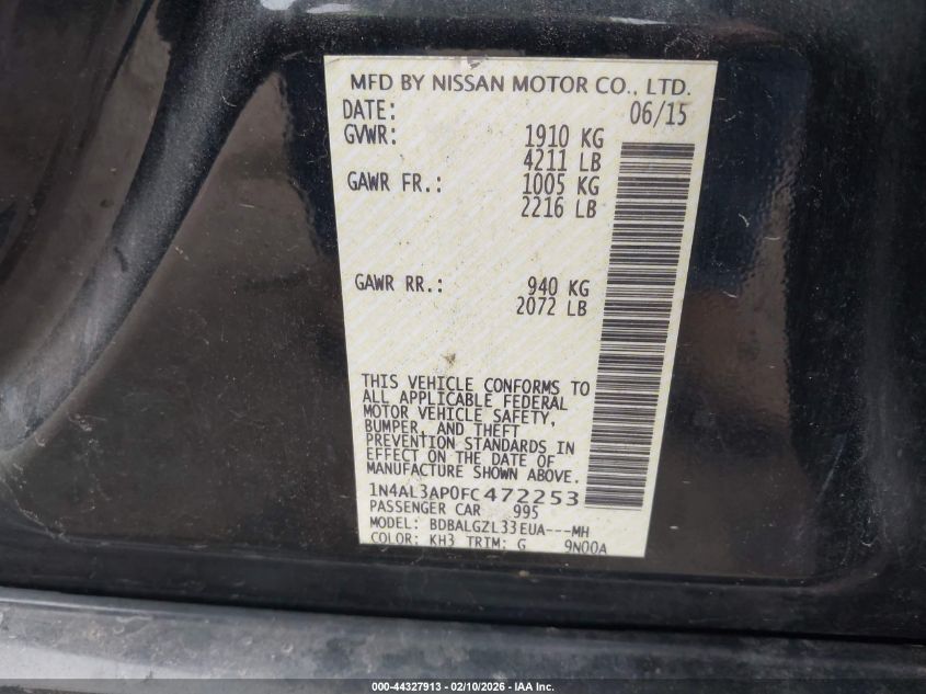 2015 Nissan Altima 2.5 S VIN: 1N4AL3AP0FC472253 Lot: 44327913