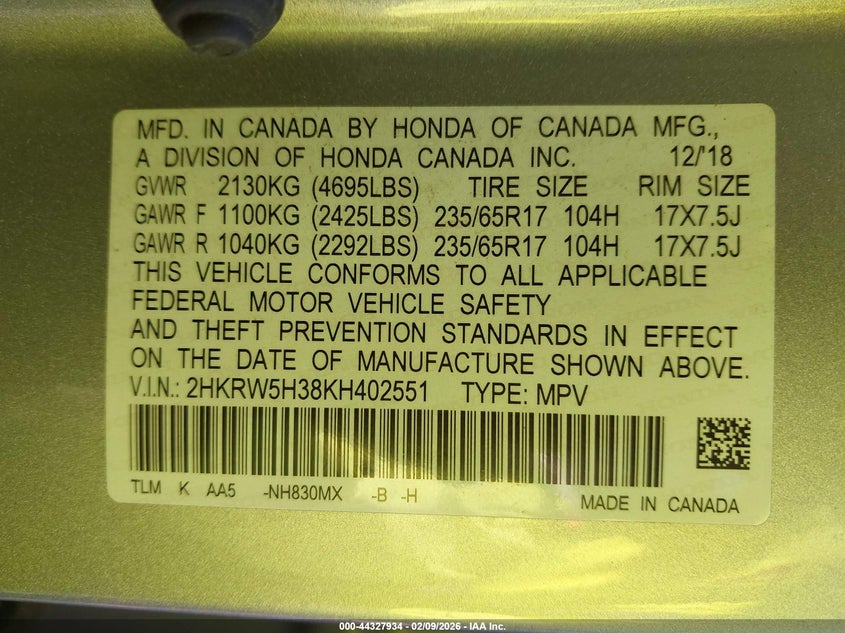 2019 Honda Cr-V Lx VIN: 2HKRW5H38KH402551 Lot: 44327934