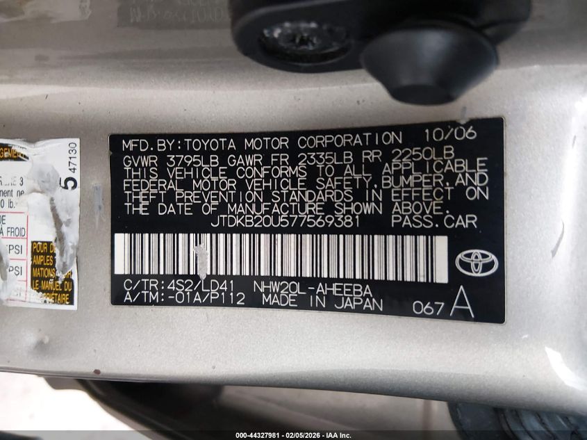 2007 Toyota Prius VIN: JTDKB20U577569381 Lot: 44327981