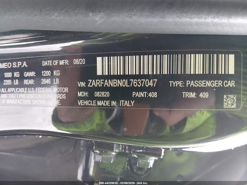 VIN ZARFANBN0L7637047 2020 ALFA ROMEO GIULIA TI AWD