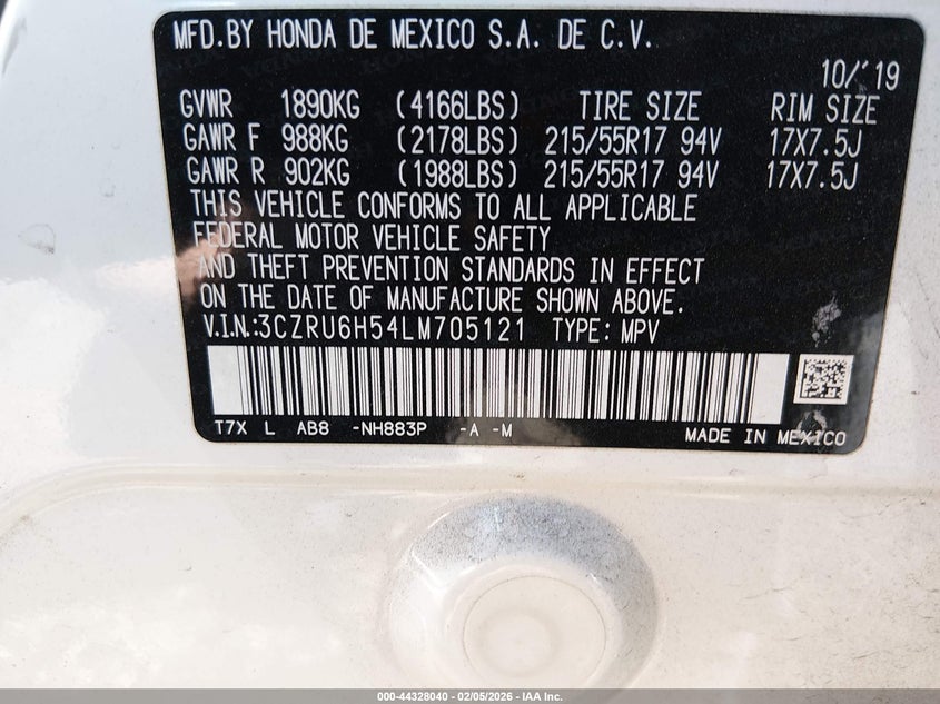 2020 Honda Hr-V Awd Ex VIN: 3CZRU6H54LM705121 Lot: 44328040