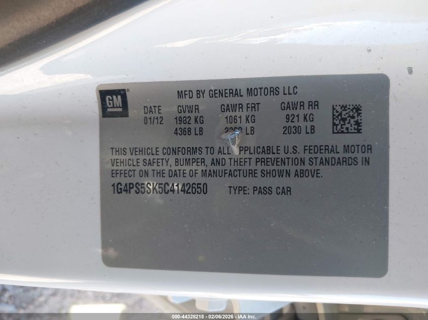 2012 Buick Verano Leather Group VIN: 1G4PS5SK5C4142650 Lot: 44328218