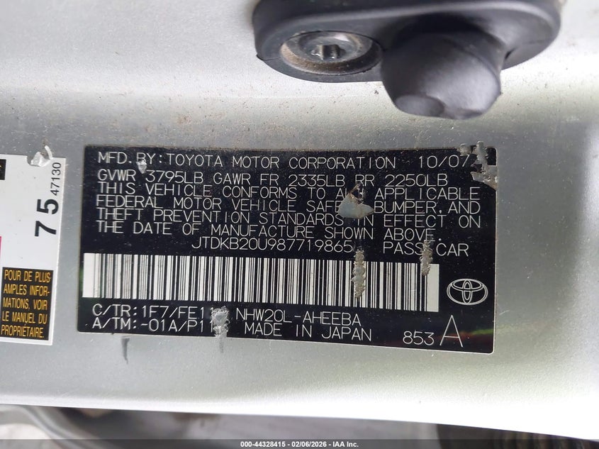 2008 Toyota Prius VIN: JTDKB20U987719865 Lot: 44328415