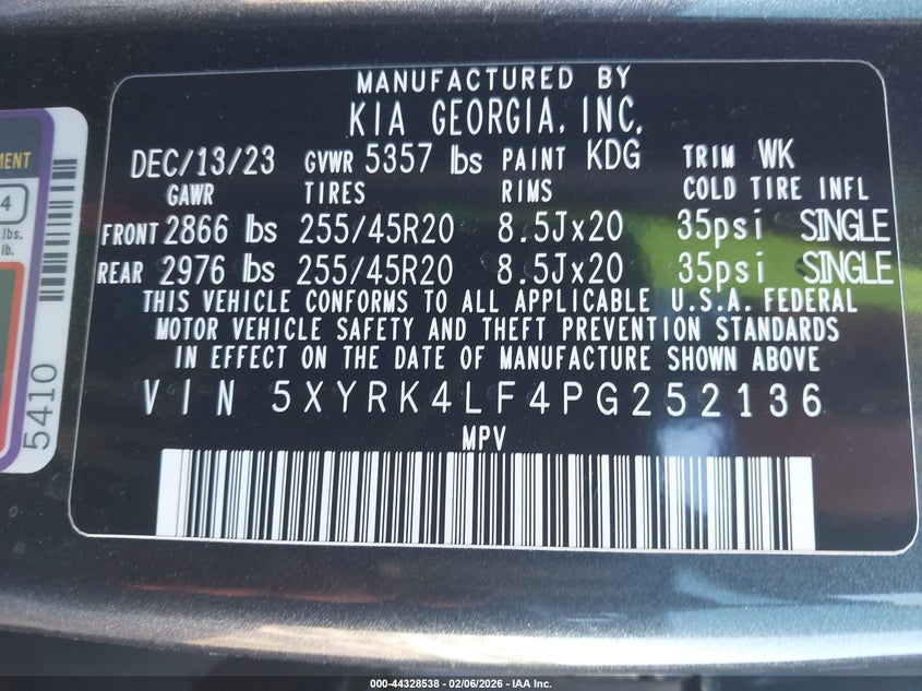 VIN 5XYRK4LF4PG252136 2023 KIA SORENTO SX
