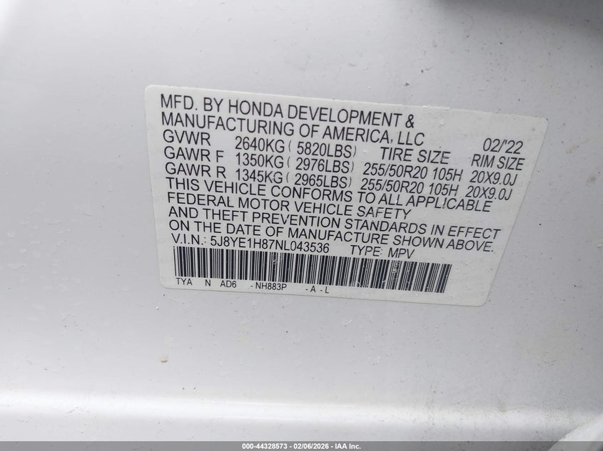 2022 Acura Mdx Advance Package VIN: 5J8YE1H87NL043536 Lot: 44328573