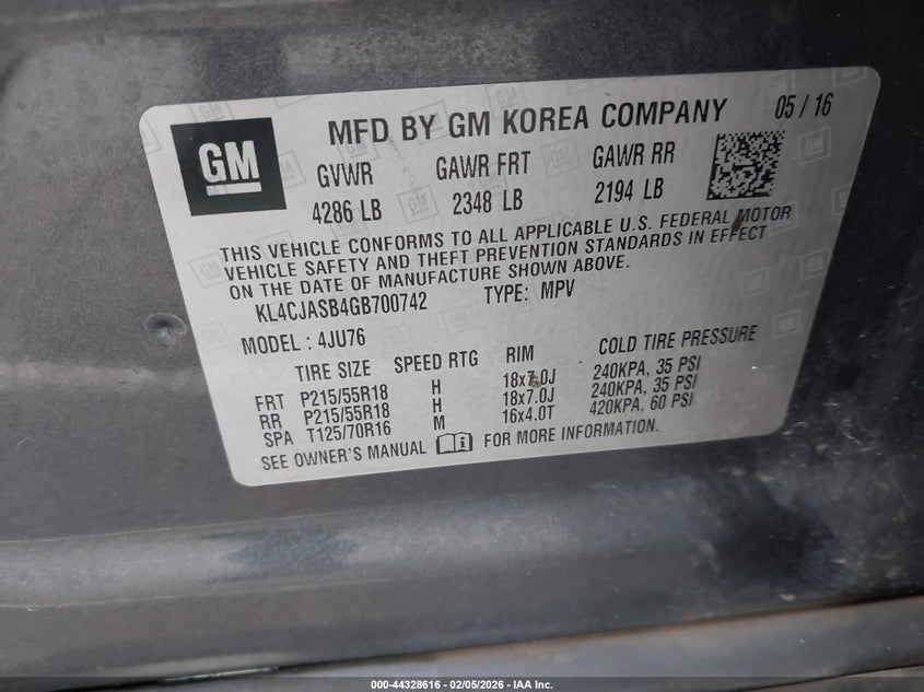 2016 Buick Encore VIN: KL4CJASB4GB700742 Lot: 44328616