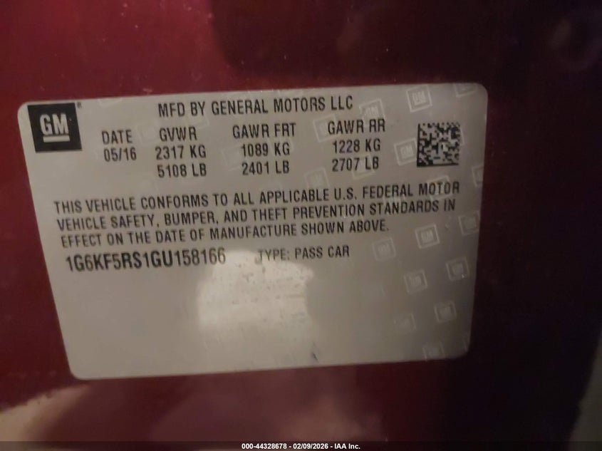 2016 Cadillac Ct6 Premium Luxury VIN: 1G6KF5RS1GU158166 Lot: 44328678