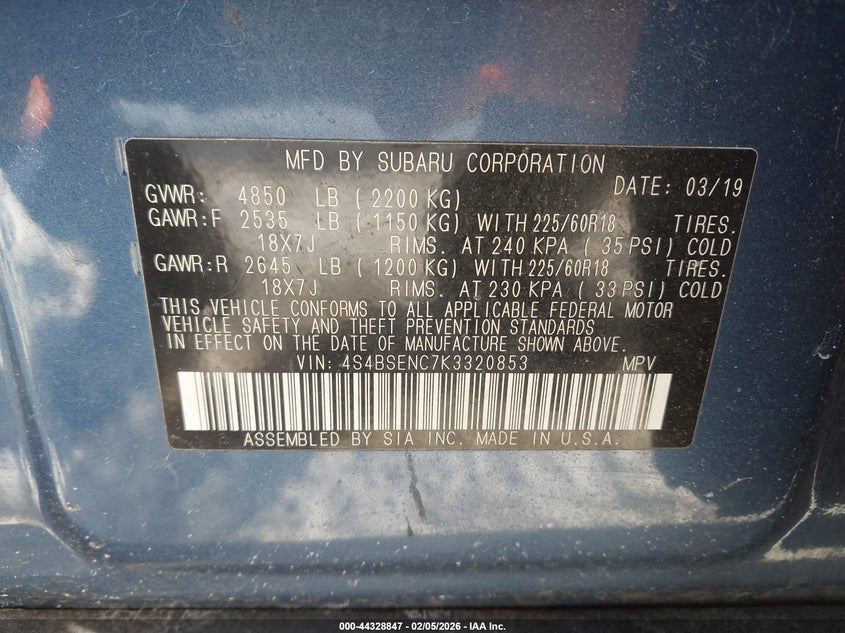 VIN 4S4BSENC7K3320853 2019 SUBARU OUTBACK 3.6R LIMITED