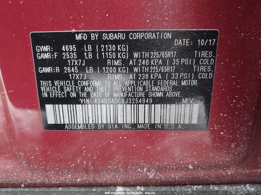 2018 Subaru Outback 2.5I Premium VIN: 4S4BSADC6J3254949 Lot: 44328884