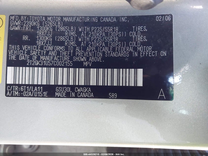 2007 Lexus Rx 350 VIN: 2T2GK31U57C002155 Lot: 44329218