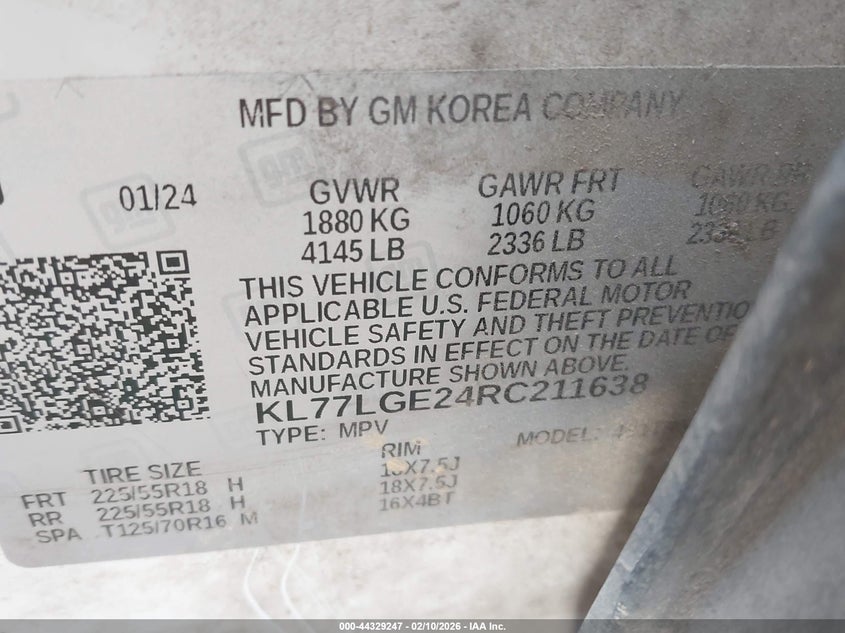 2024 Chevrolet Trax Fwd 1Rs VIN: KL77LGE24RC211638 Lot: 44329247