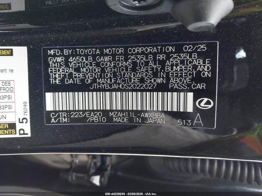 2025 Lexus Ux 300H VIN: JTHYBJAH0S2022027 Lot: 44329259