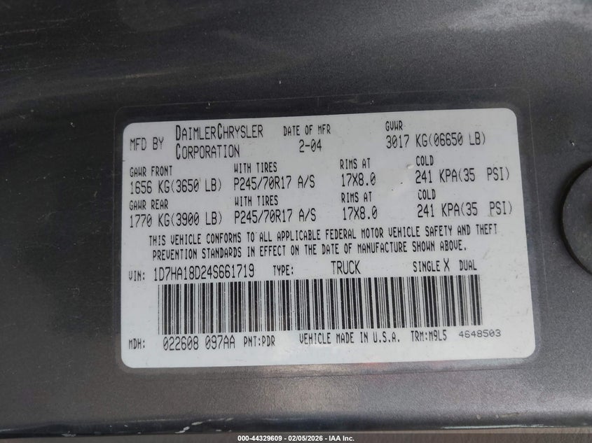 2004 Dodge Ram 1500 Slt/Laramie VIN: 1D7HA18D24S661719 Lot: 44329609