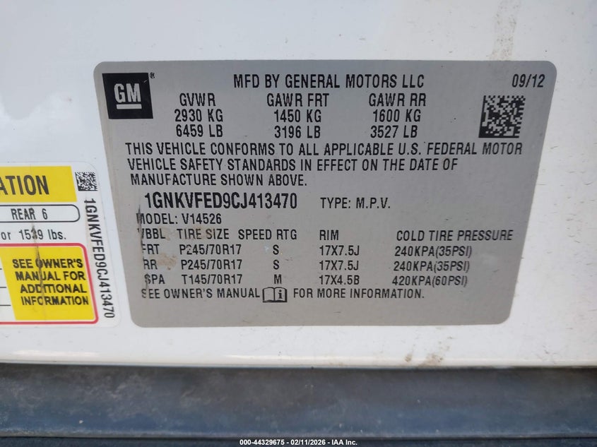 2012 Chevrolet Traverse Ls VIN: 1GNKVFED9CJ413470 Lot: 44329675