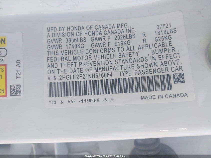 VIN 2HGFE2F21NH516064 2022 HONDA CIVIC LX