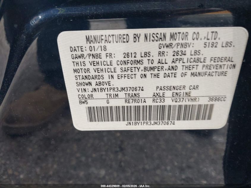 2018 Infiniti Q70L 3.7X Luxe VIN: JN1BY1PR3JM370674 Lot: 44329809