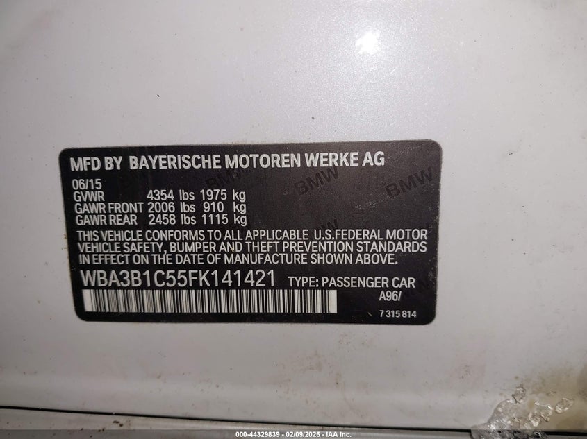 BMW 320I 2015 VIN WBA3B1C55FK141421