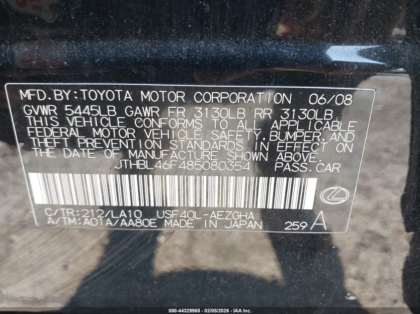 2008 Lexus Ls 460 VIN: JTHBL46F485080354 Lot: 44329968