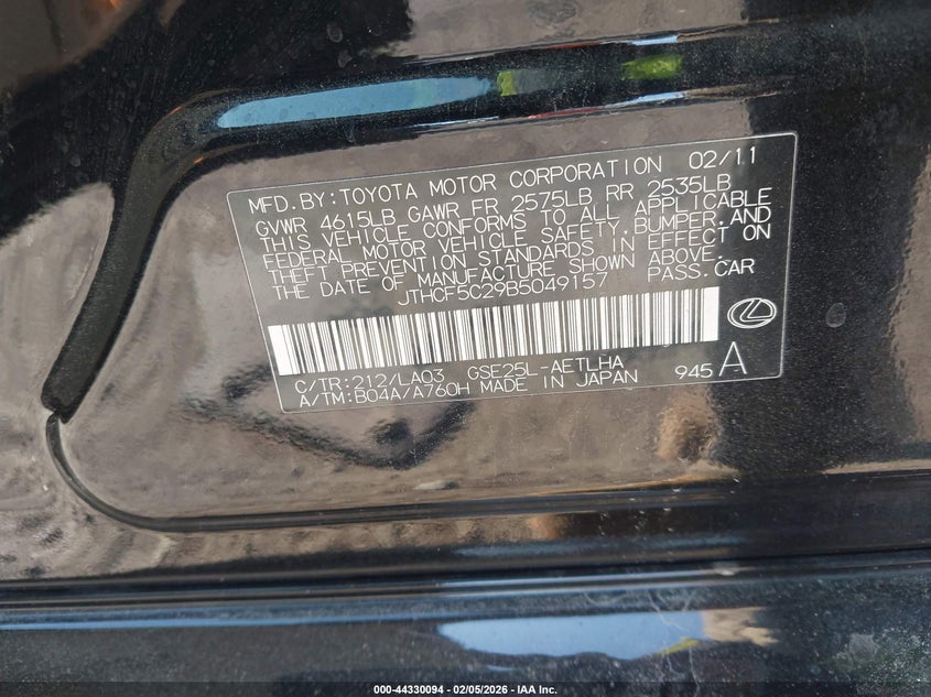 2011 Lexus Is 250 VIN: JTHCF5C29B5049157 Lot: 44330094