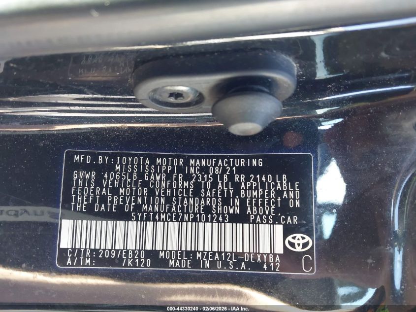 2022 Toyota Corolla Xse VIN: 5YFT4MCE7NP101243 Lot: 44330240