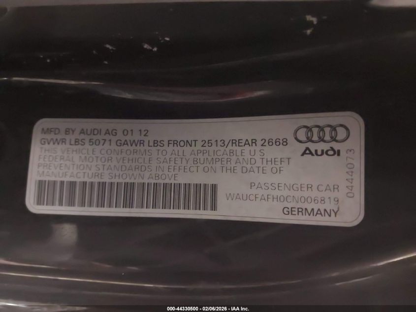 2012 Audi A5 2.0T Premium VIN: WAUCFAFH0CN006819 Lot: 44330500