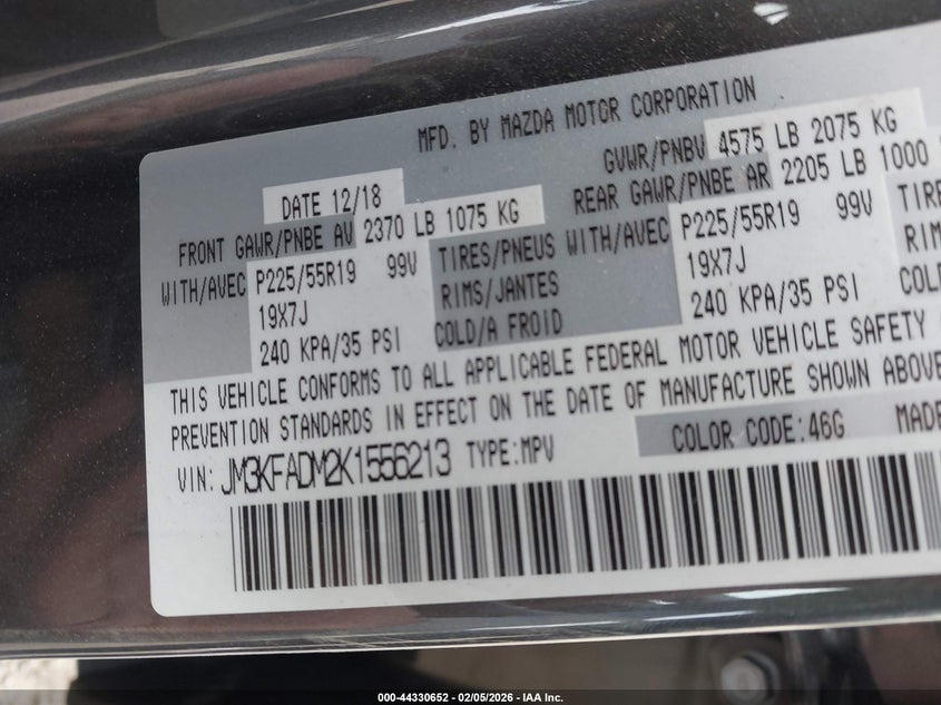 2019 Mazda Cx-5 Grand Touring VIN: JM3KFADM2K1556213 Lot: 44330652