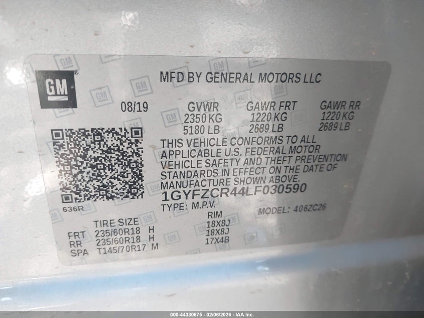 2020 Cadillac Xt4 Fwd Premium Luxury VIN: 1GYFZCR44LF030590 Lot: 44330675