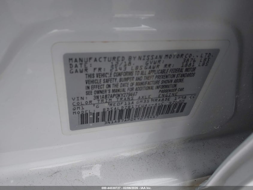 VIN 3N1AB7AP0KY279447 2019 NISSAN SENTRA SV