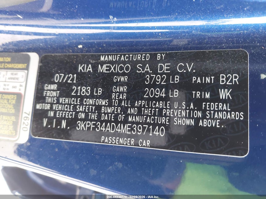 2021 Kia Forte Gt-Line VIN: 3KPF34AD4ME397140 Lot: 44330770